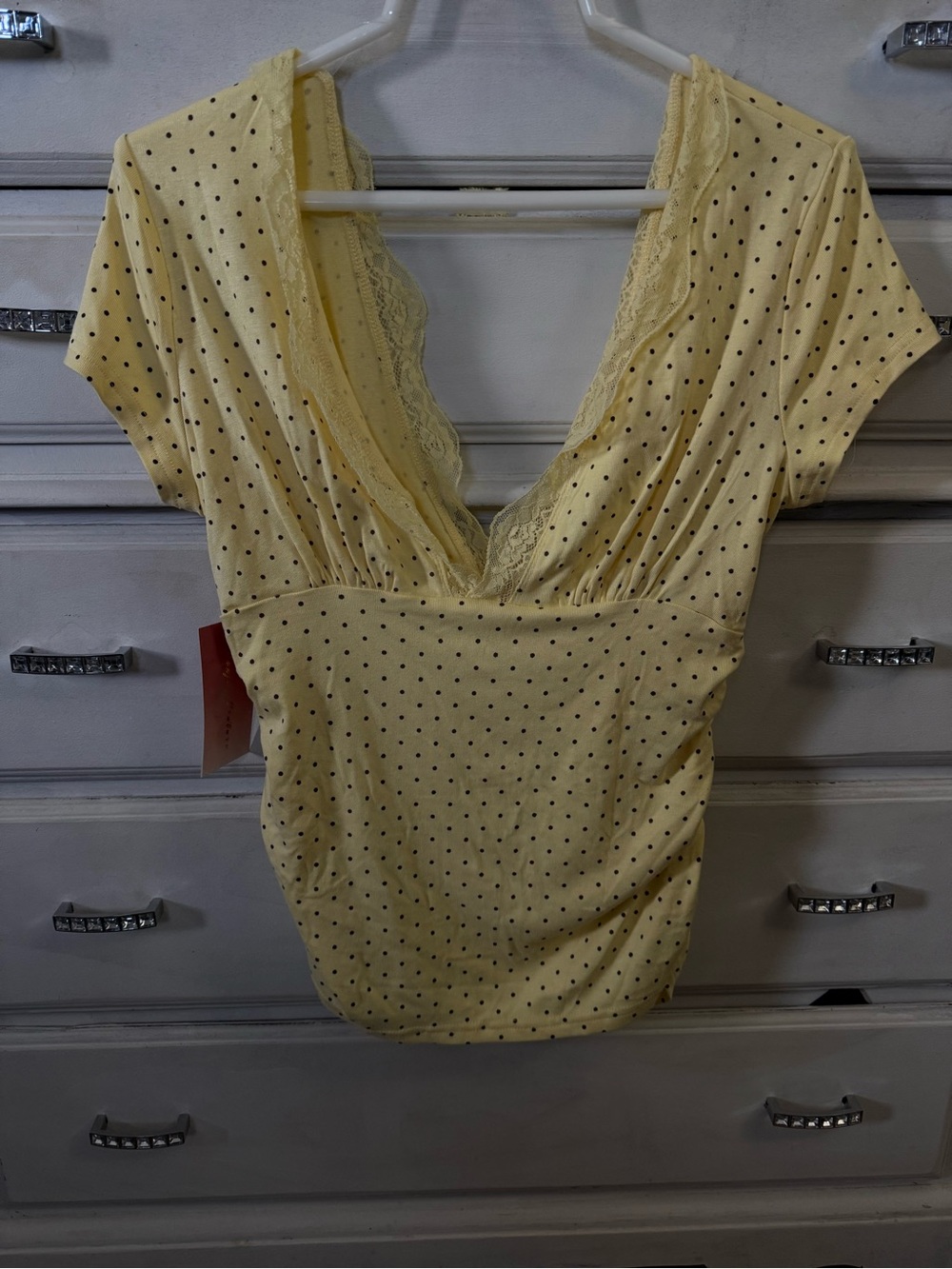 Yellow Polka Dot Lace-Trim V-Neck Women’s Top